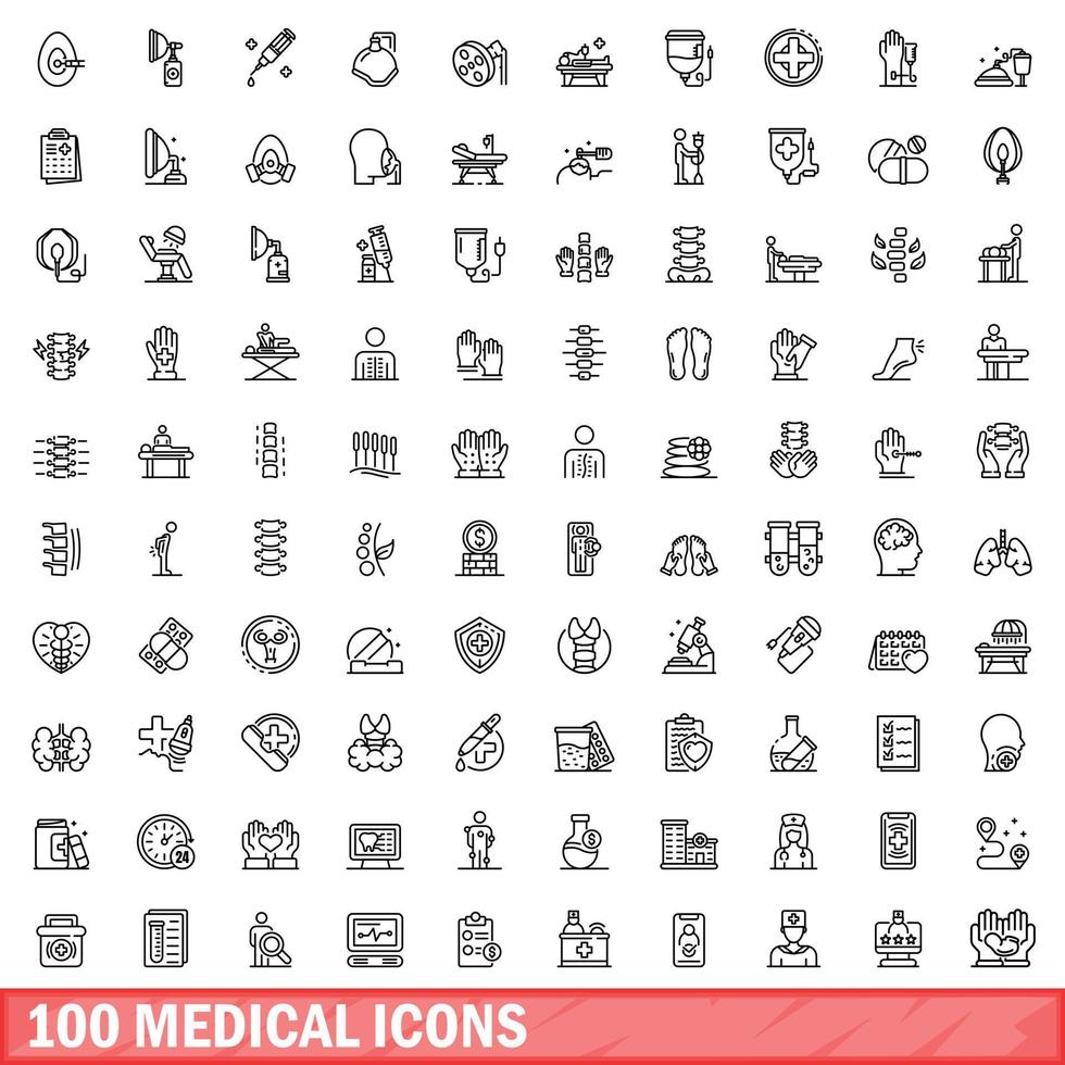 100 medical icons set, outline style vector
