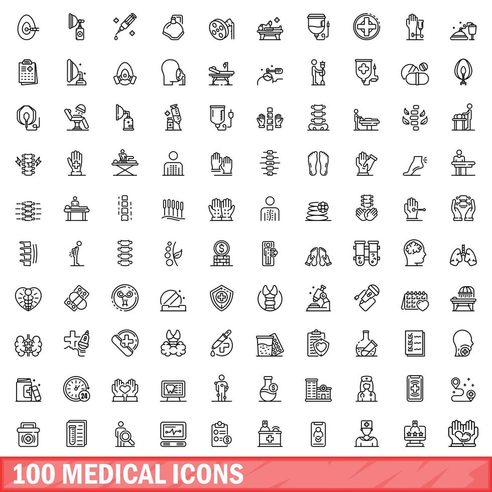 100 medical icons set, outline style vector