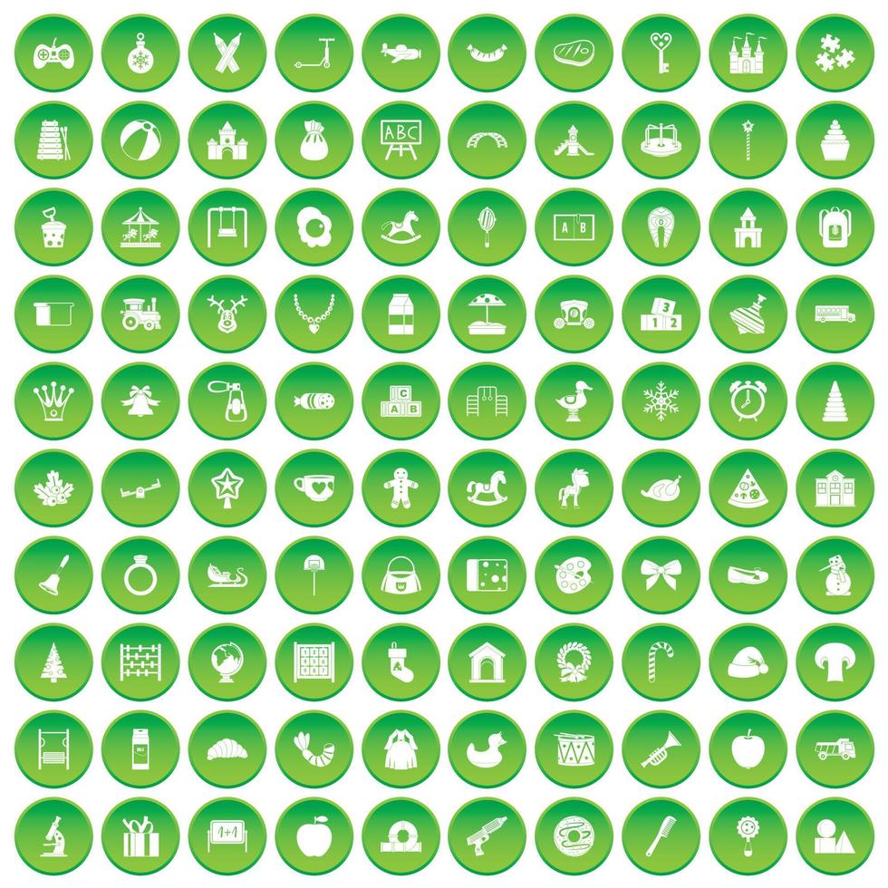 100 nursery school icons set green circle vector