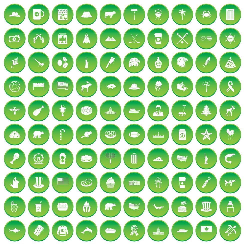 100 iconos de América del Norte establecer círculo verde vector