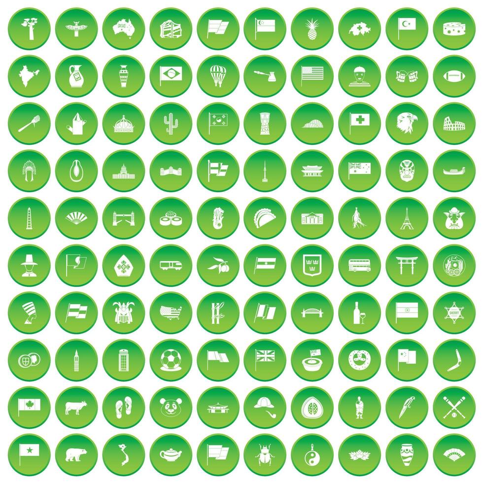 100 national flag icons set green circle vector