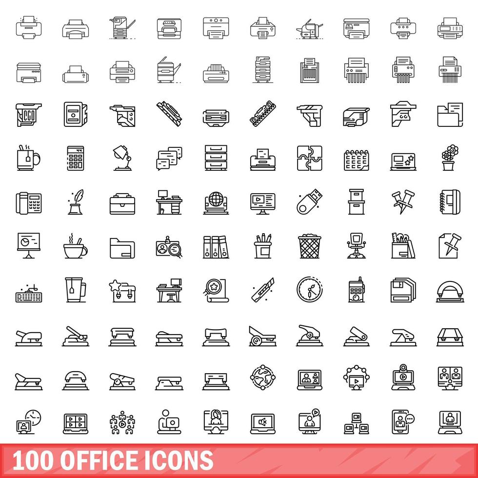 100 office icons set, outline style vector