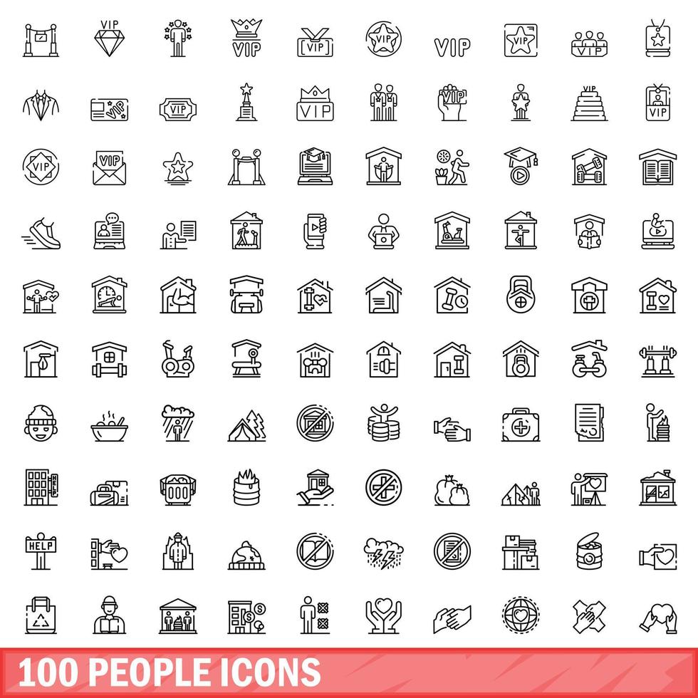 100 people icons set, outline style vector