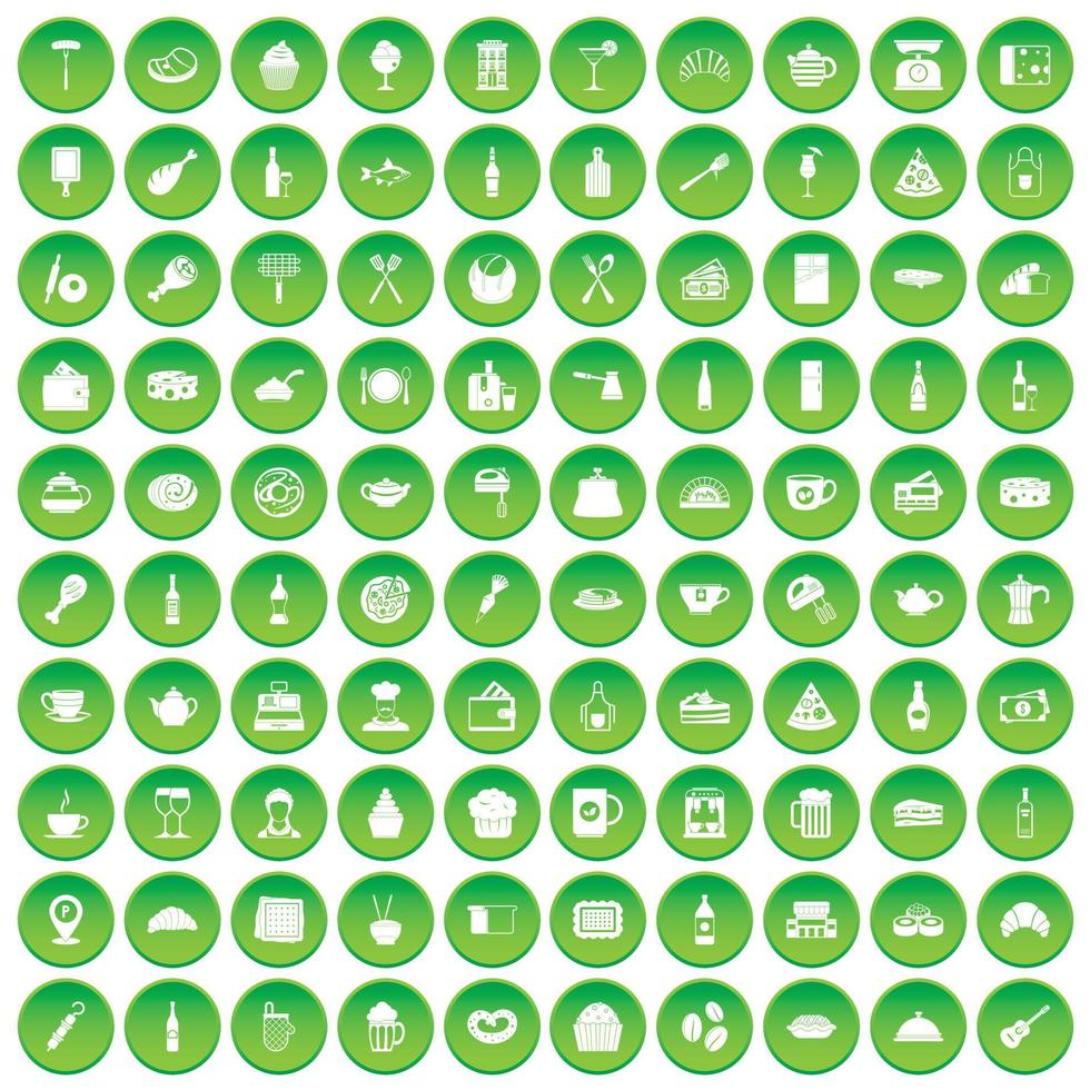 100 restaurant icons set green circle vector