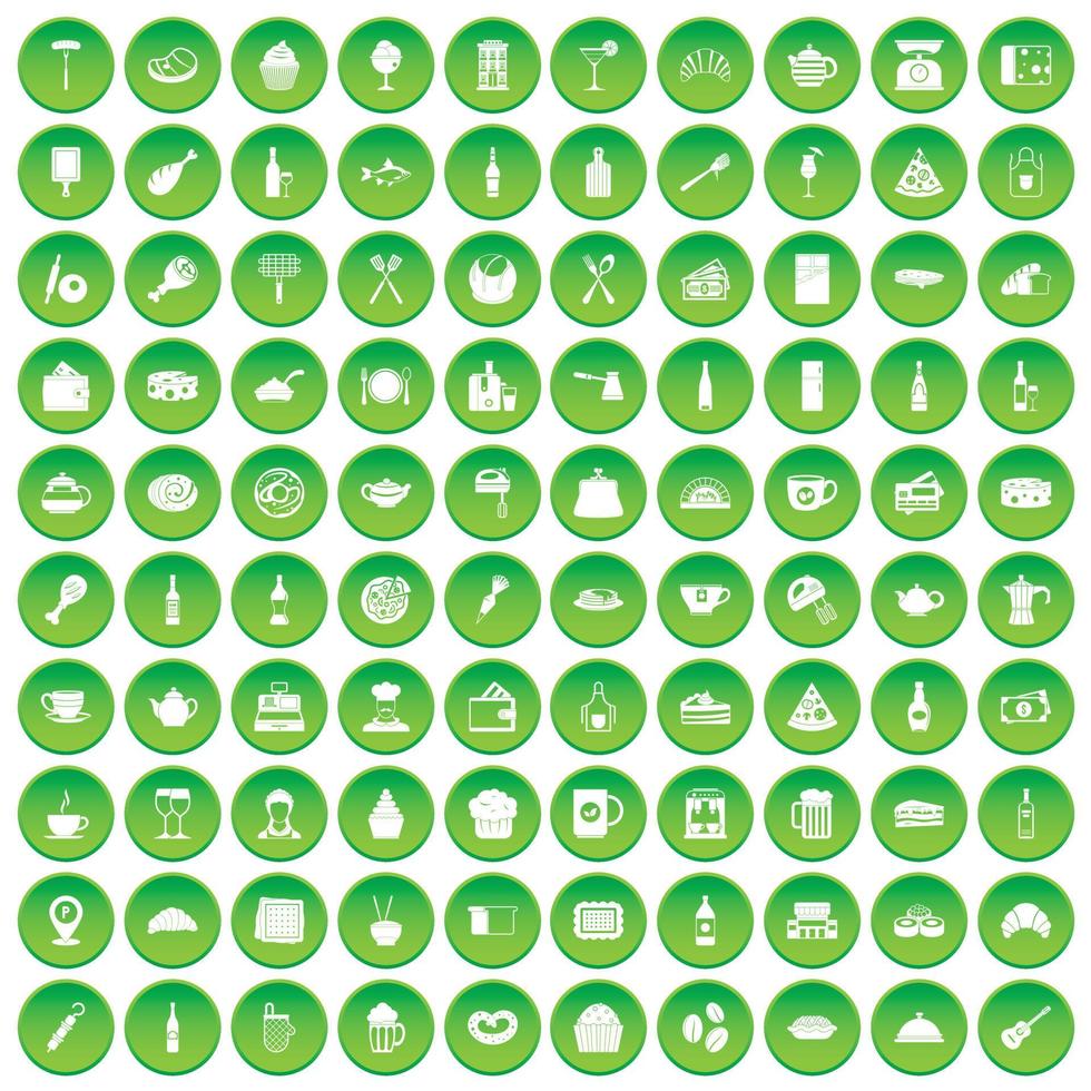 100 restaurant icons set green circle vector