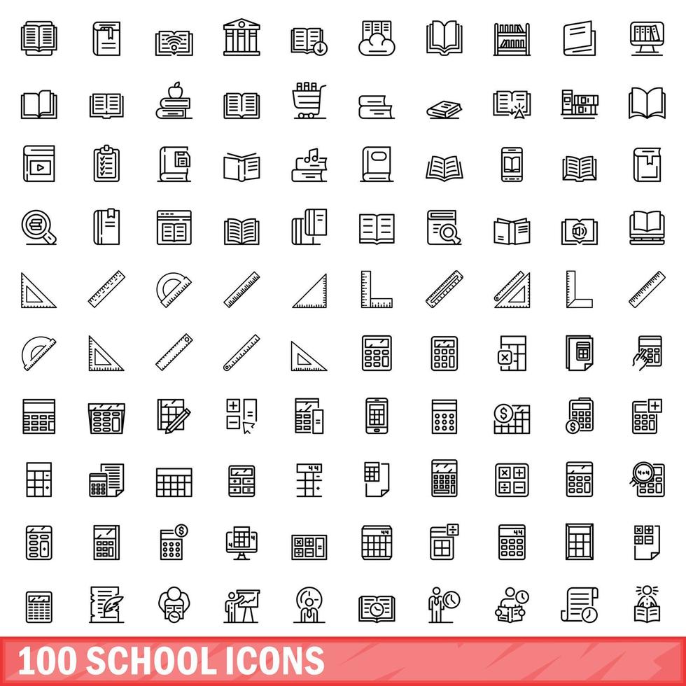 100 school icons set, outline style vector