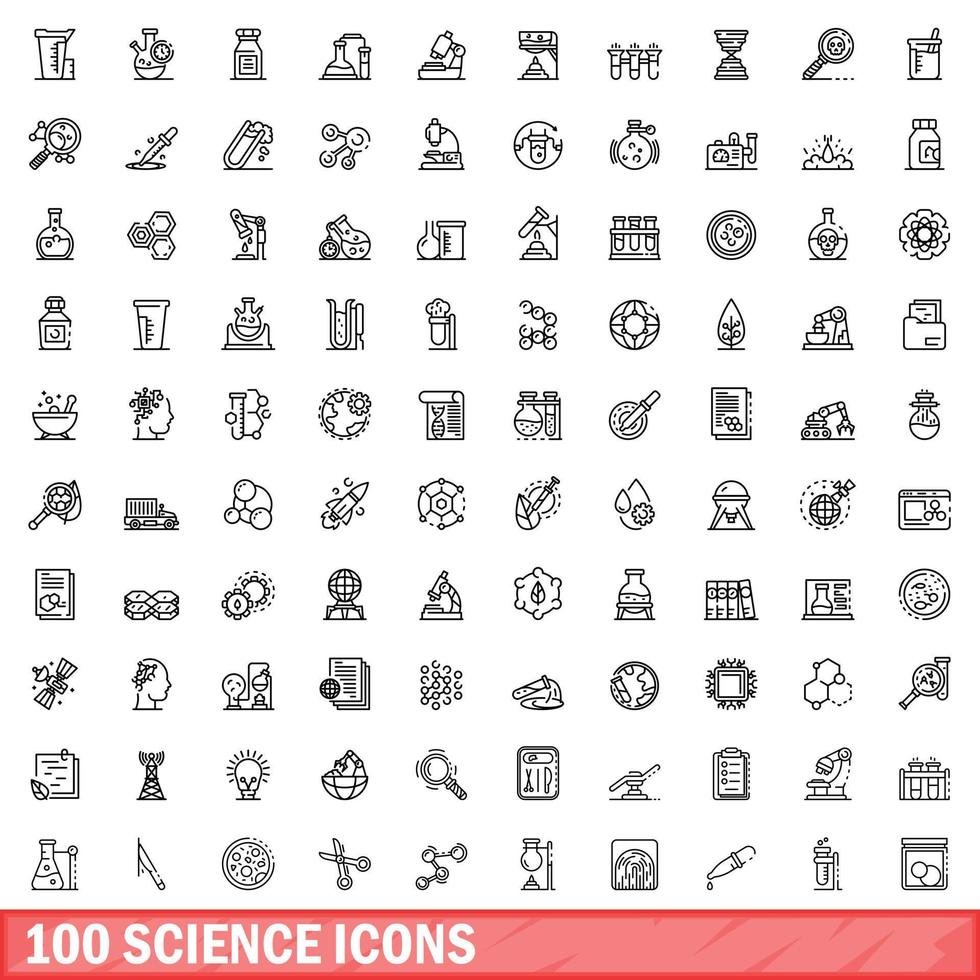 100 iconos de ciencia establecidos, estilo de esquema vector