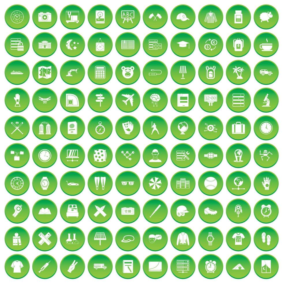100 time icons set green circle vector