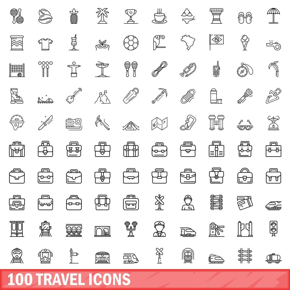 100 travel icons set, outline style vector