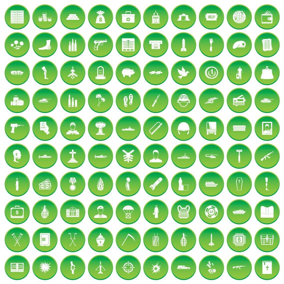 100 iconos de guerra establecer círculo verde vector