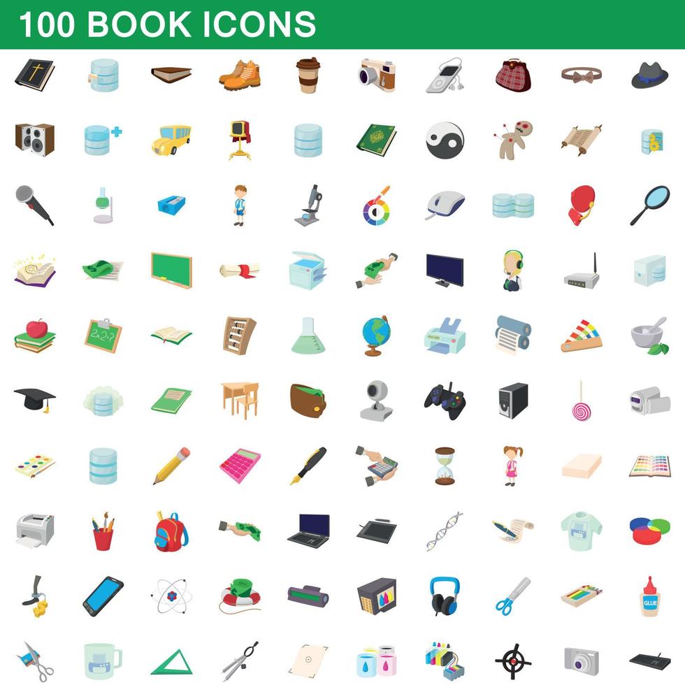 100 book icons set, cartoon style vector