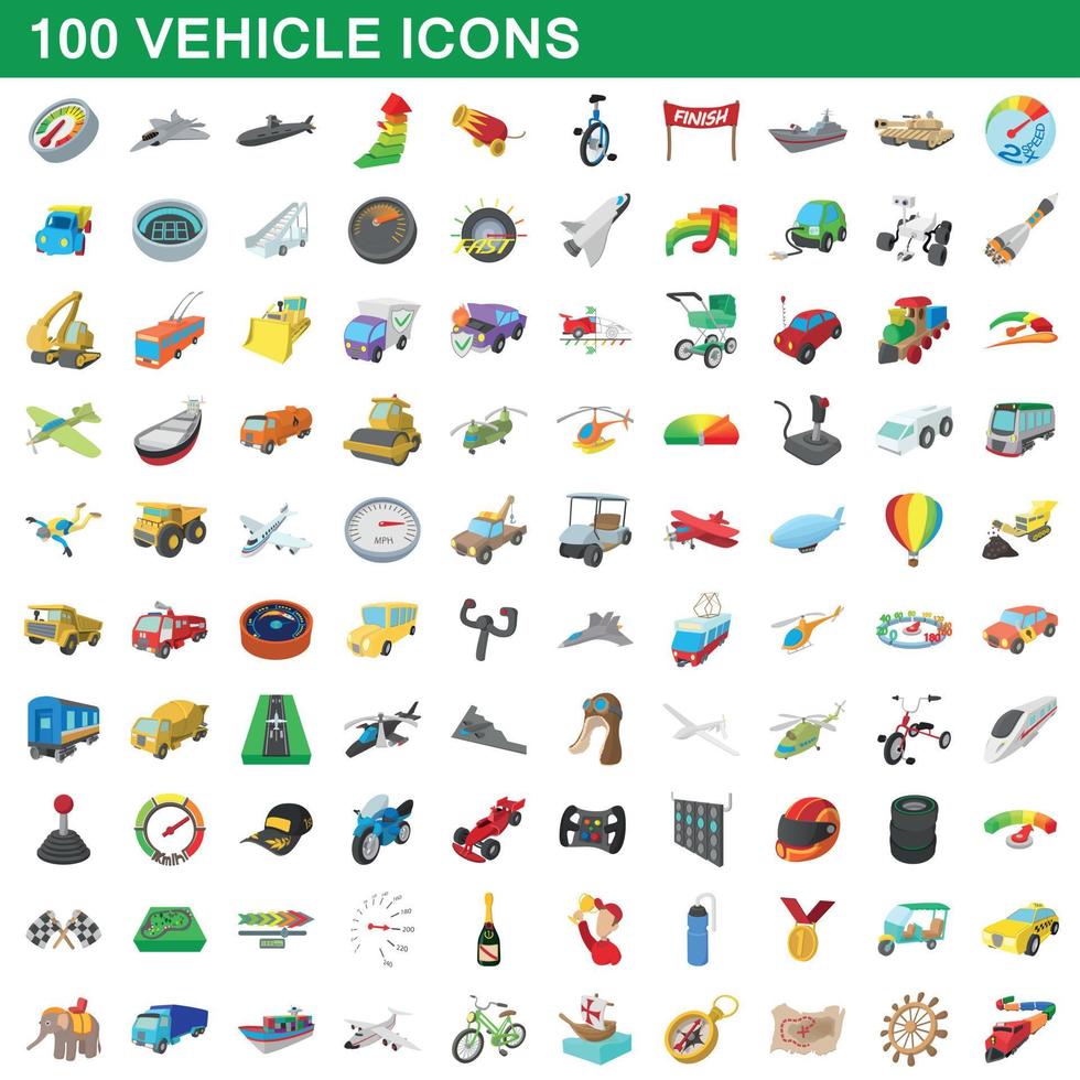 100 iconos de vehículos, estilo de dibujos animados vector