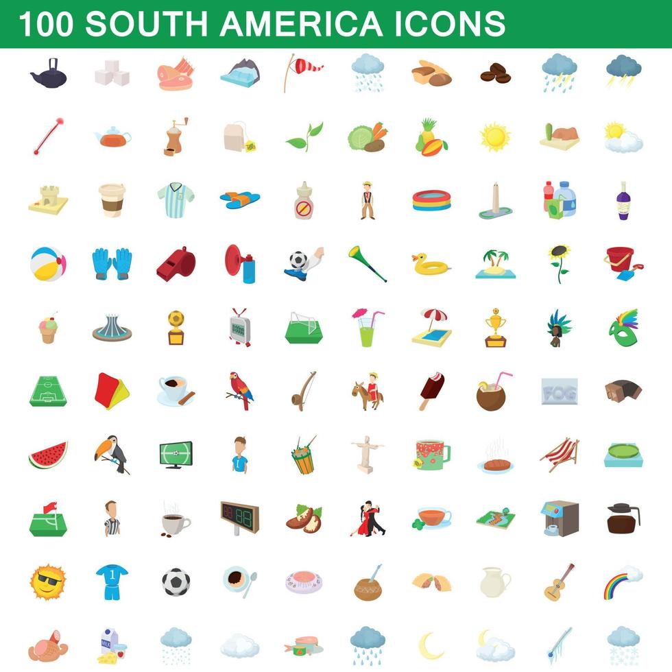 100 iconos de américa del sur, estilo de dibujos animados vector