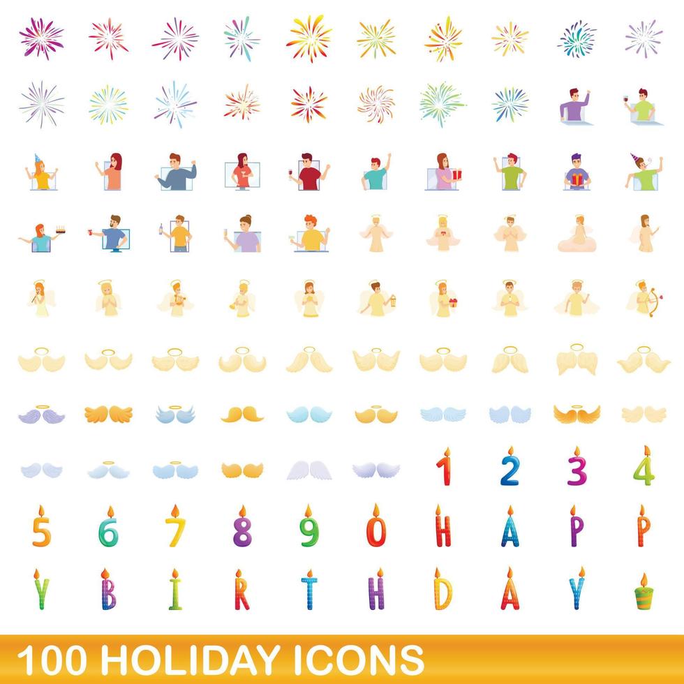 100 iconos de vacaciones, estilo de dibujos animados vector