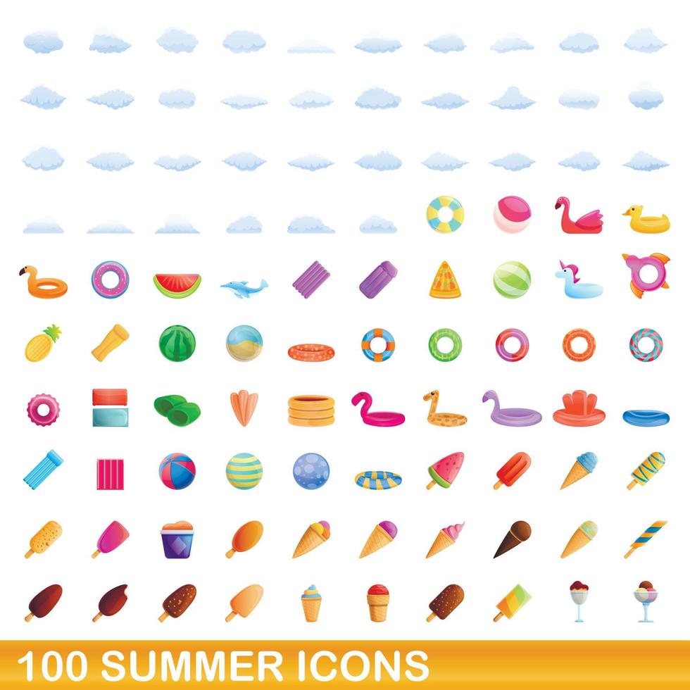 100 summer icons set, cartoon style vector