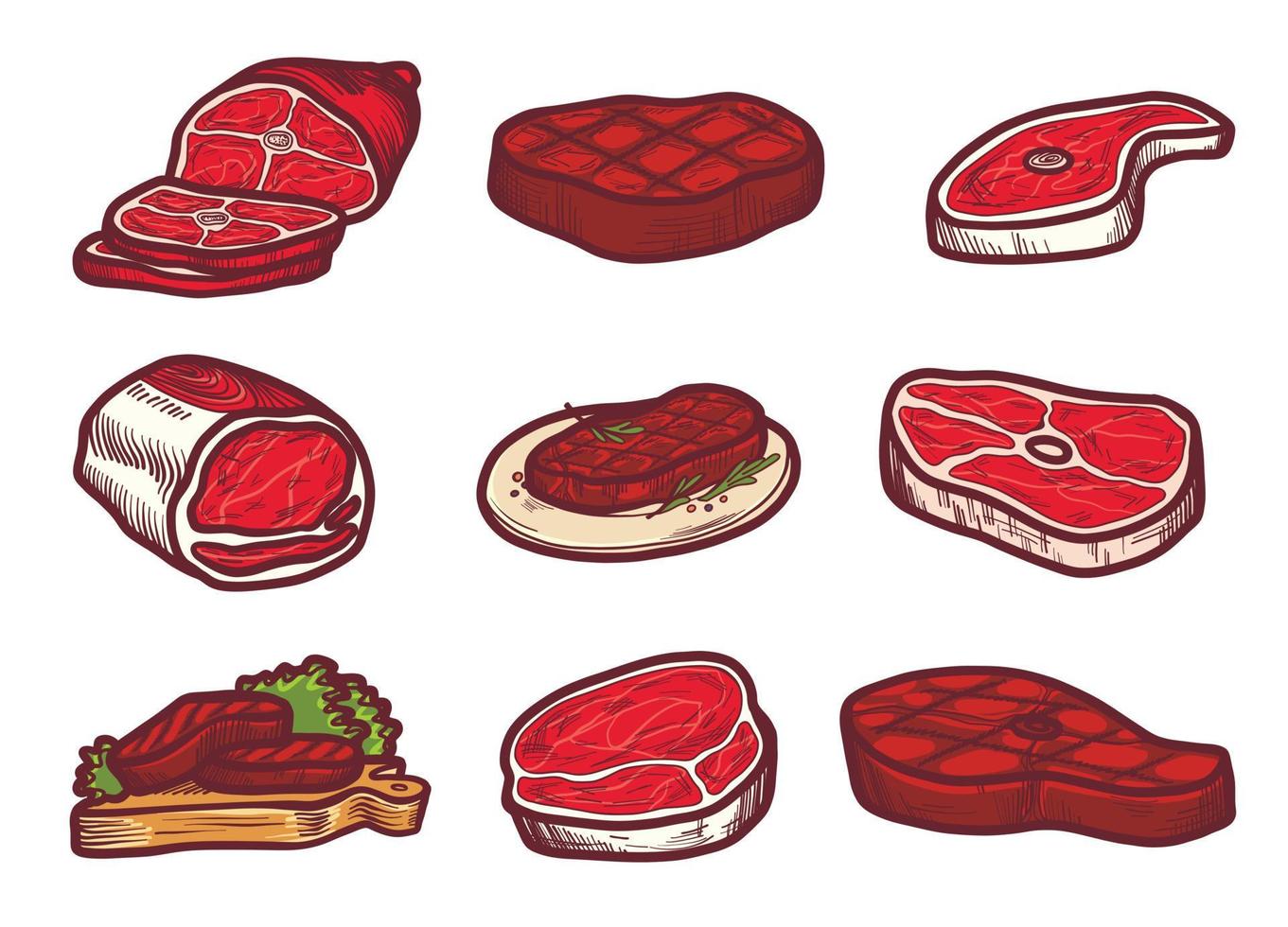 Steak icon set, hand drawn style vector