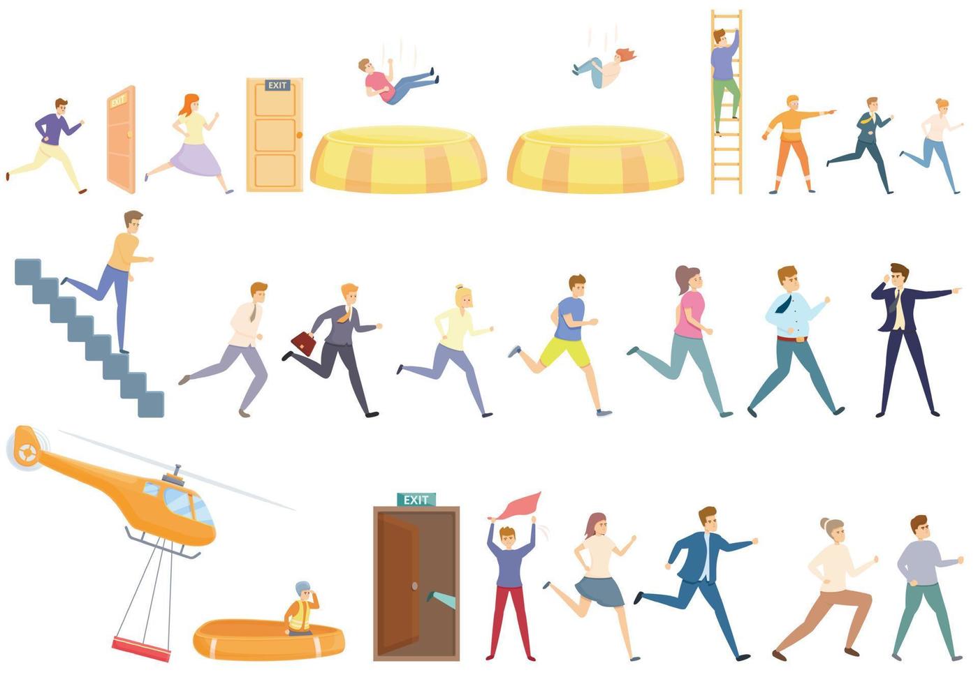 Human evacuation icons set, cartoon style vector