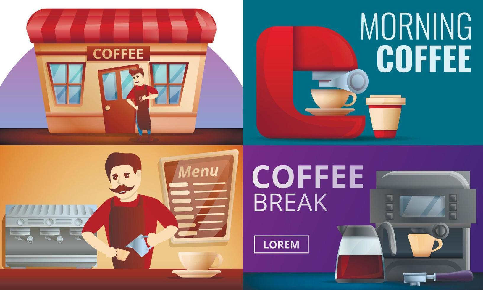 Barista coffee banner set, cartoon style vector