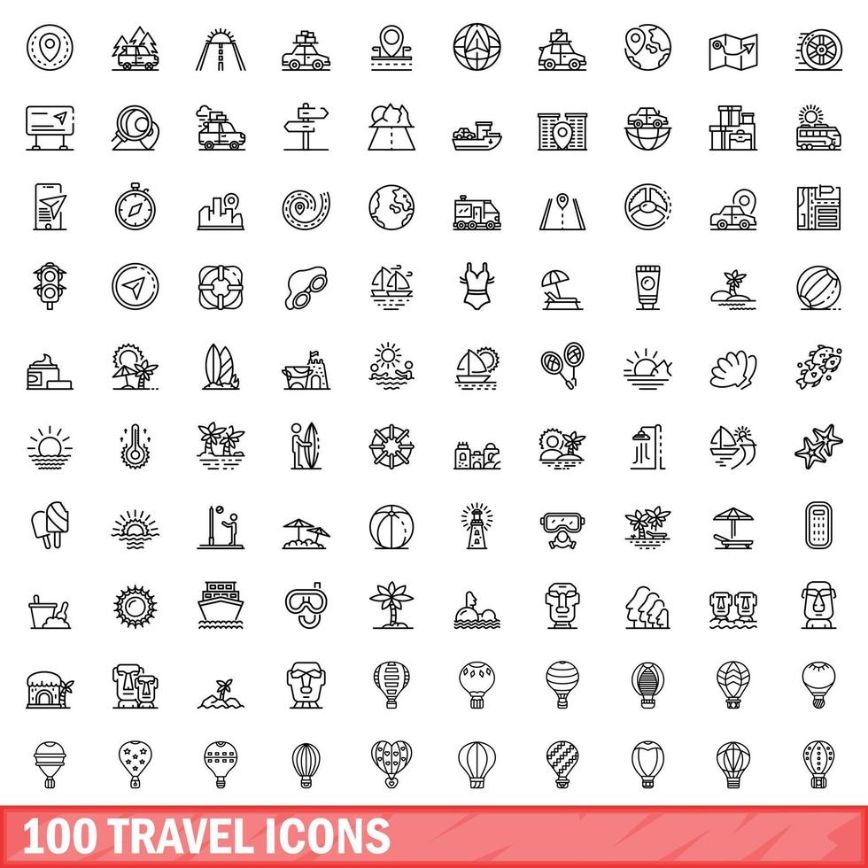 100 travel icons set, outline style vector