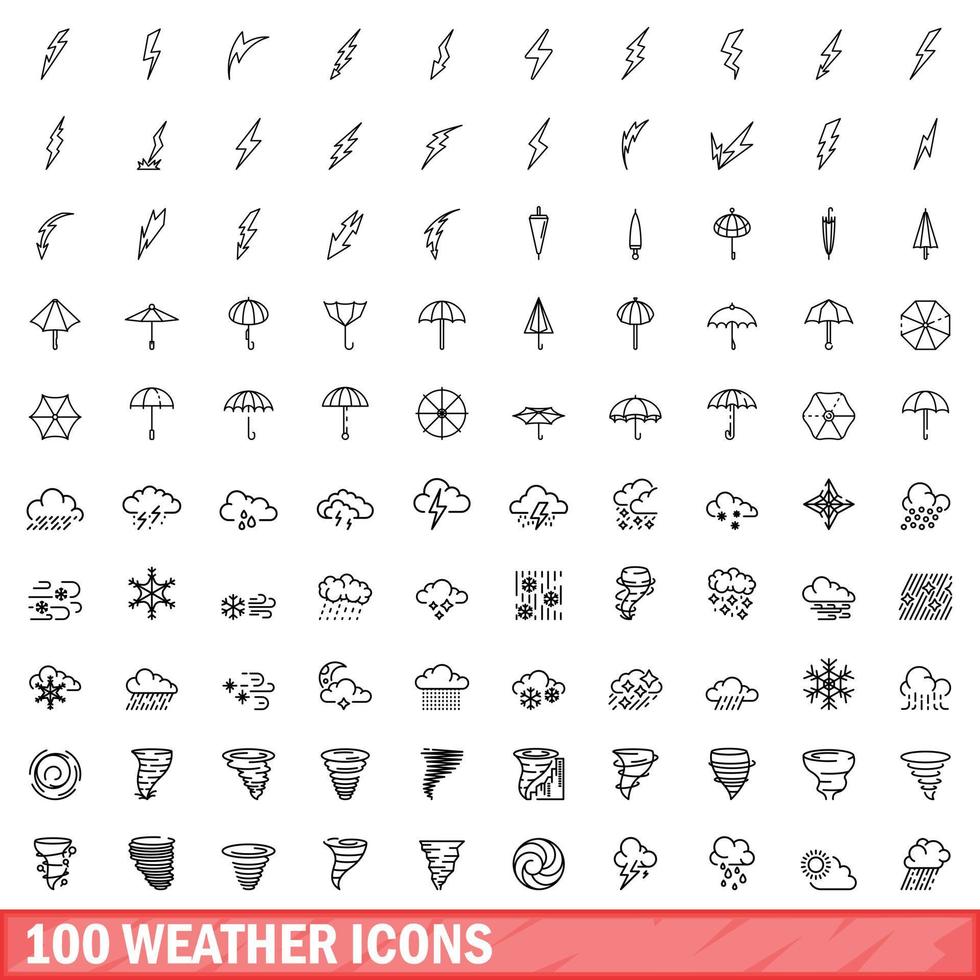 100 iconos meteorológicos establecidos, estilo de contorno vector