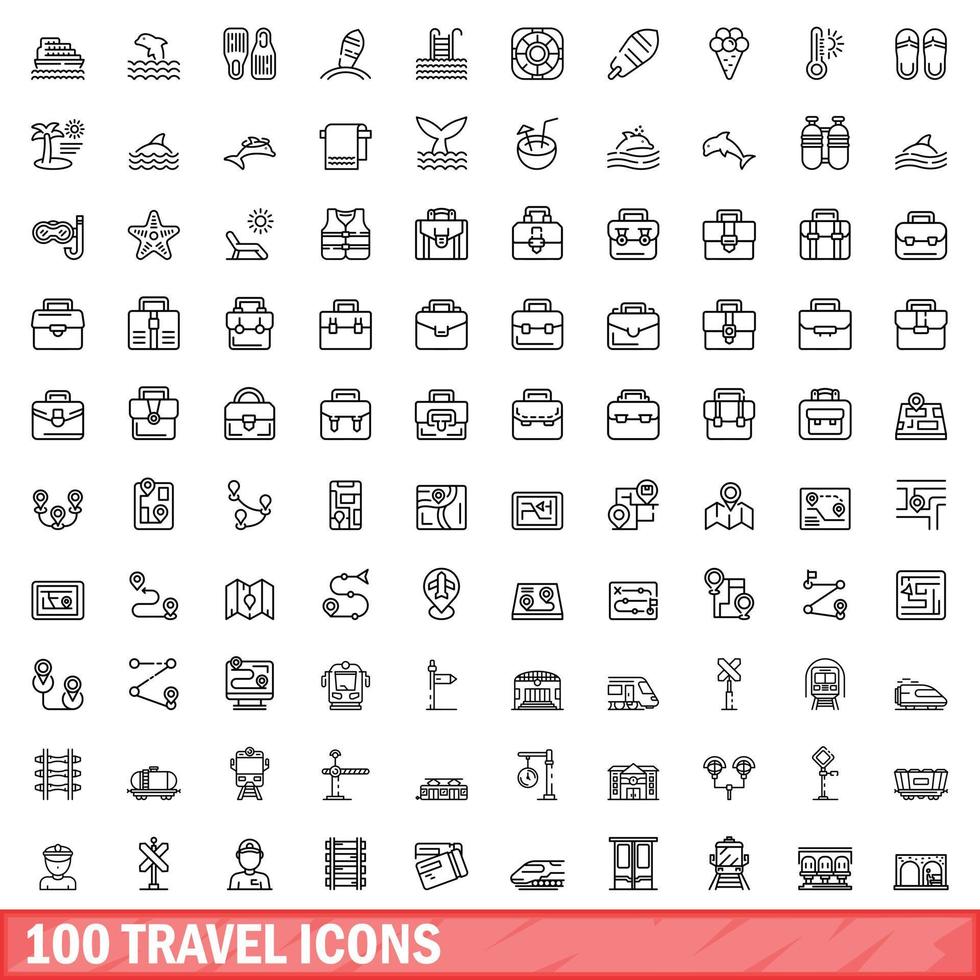 100 iconos de viaje, estilo de esquema vector