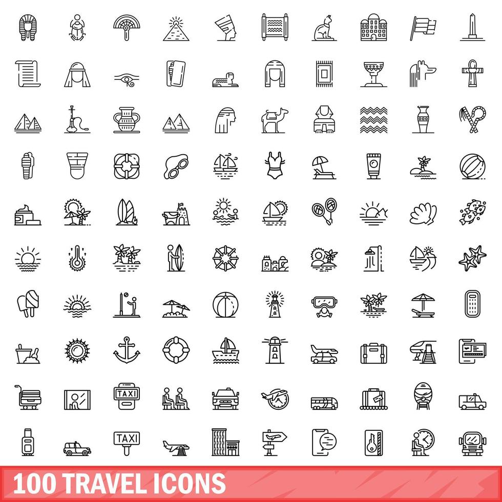 100 travel icons set, outline style vector