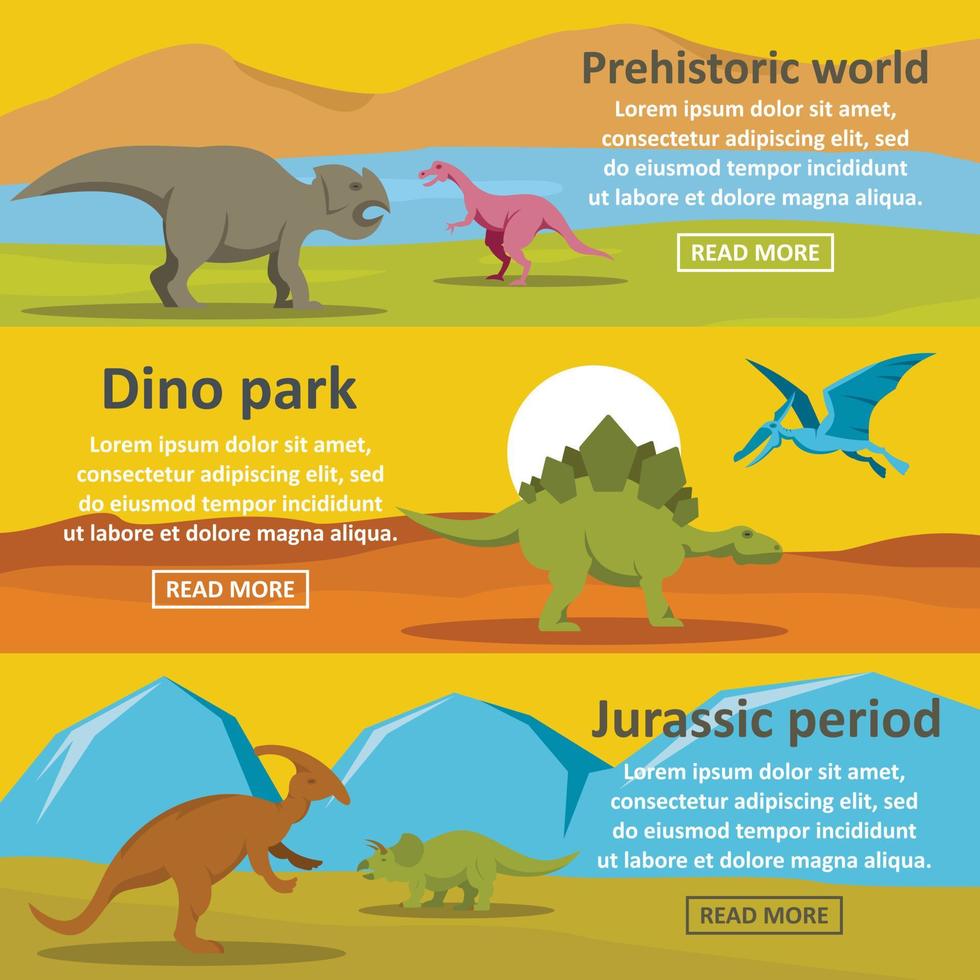 Dinosaur park banner horizontal set, flat style vector