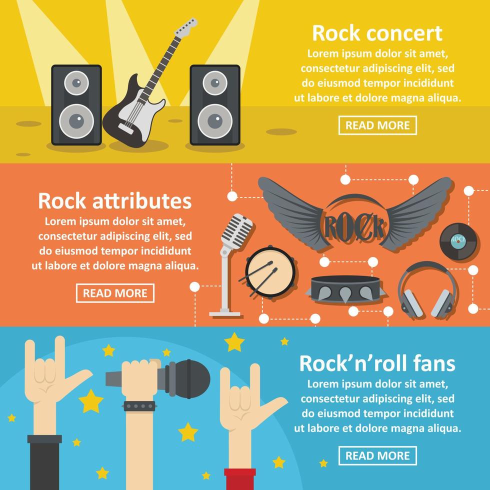 Rock concert banner horizontal set, flat style vector