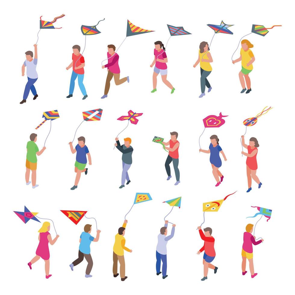 Kids playing with kite icons set, isometric style vector