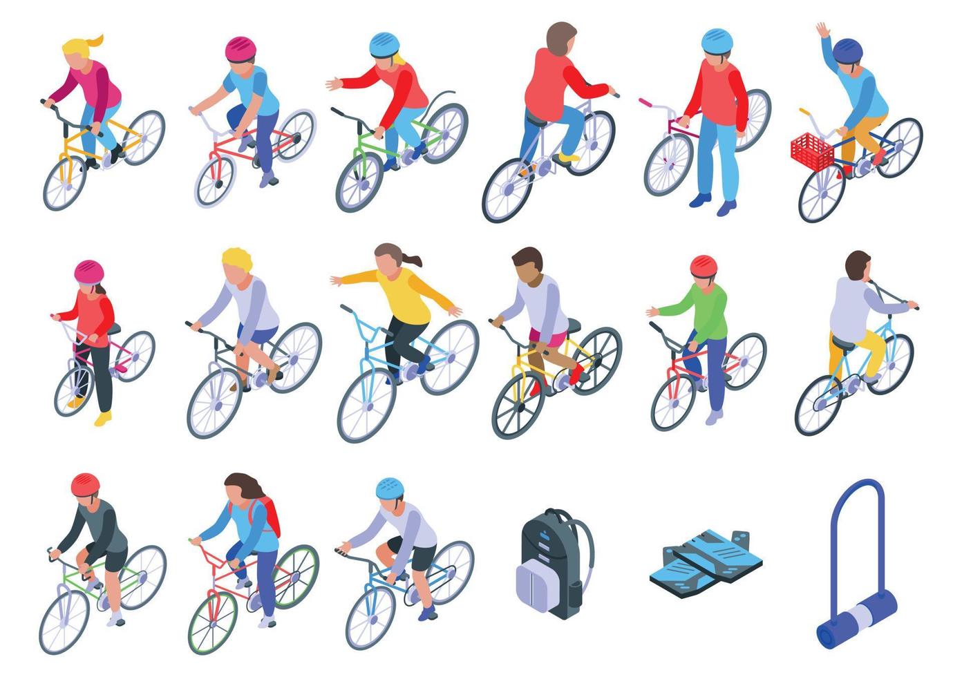 Conjunto de iconos de ciclismo para niños, estilo isométrico vector