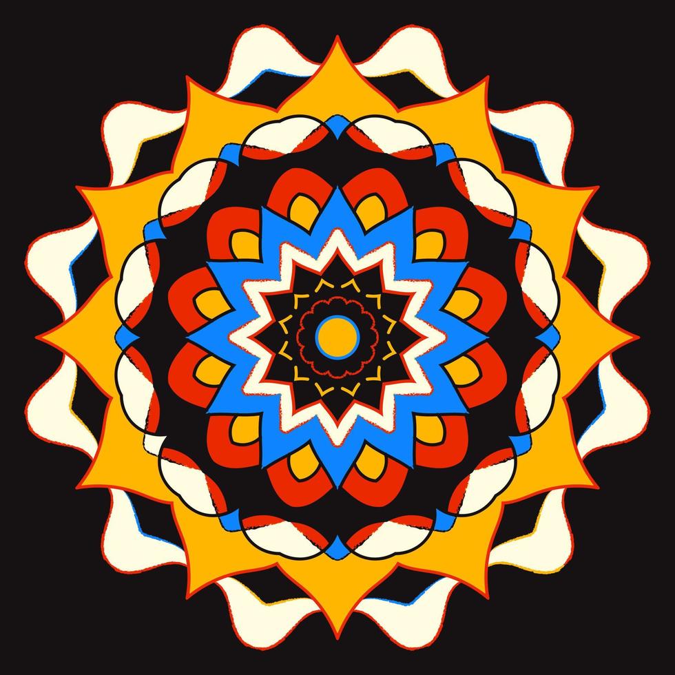 vector dibujado a mano doodle mandala. mandala étnica con adornos tribales coloridos. aislado. colores brillantes. patrón floral geométrico. motivo tribal para papel, textil, estampado de tela.