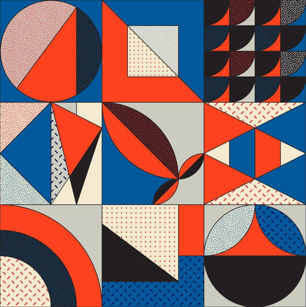 Retro aesthetics in abstract pattern design composition. Art deco inspired vector graphics collage made with simple geometric shapes and grunge textures, useful for poster art and digital prints.