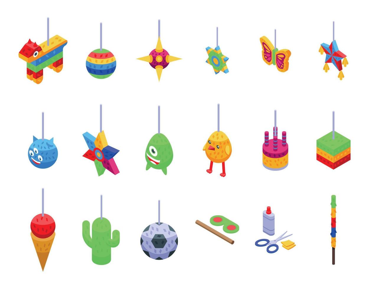 iconos de piñata mexicana establecen vector isométrico. animales de vacaciones