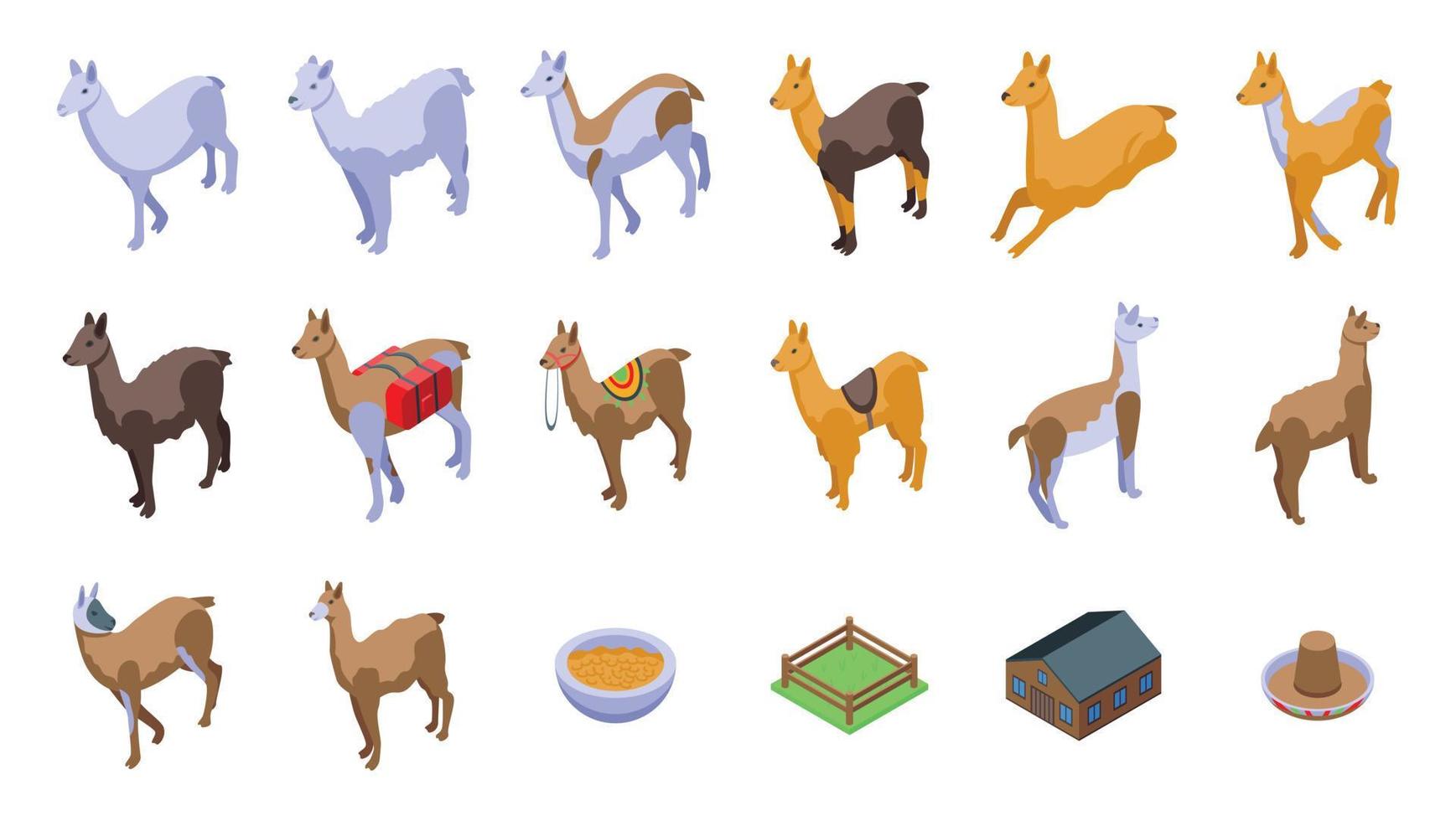 Lama icons set isometric vector. Animal alpaca vector