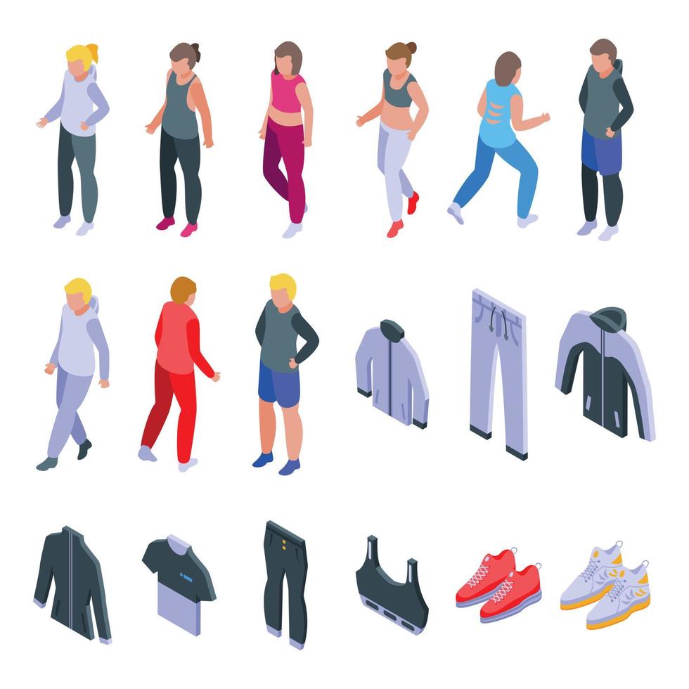 Workout fashion icons set isometric vector. Athlete body vector