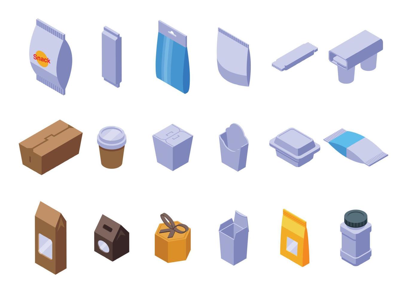 Snack pack icons set isometric vector. Candy bag vector