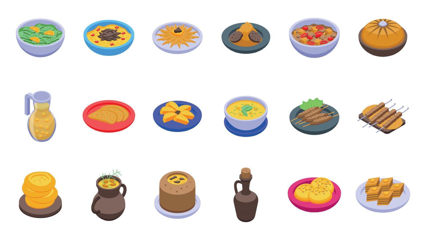 Azerbaijan cuisine icons set isometric vector. Baku culture vector