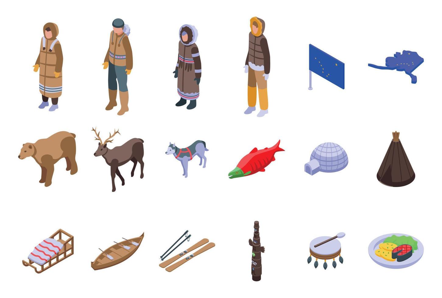 Alaska icons set isometric vector. Animal seal vector