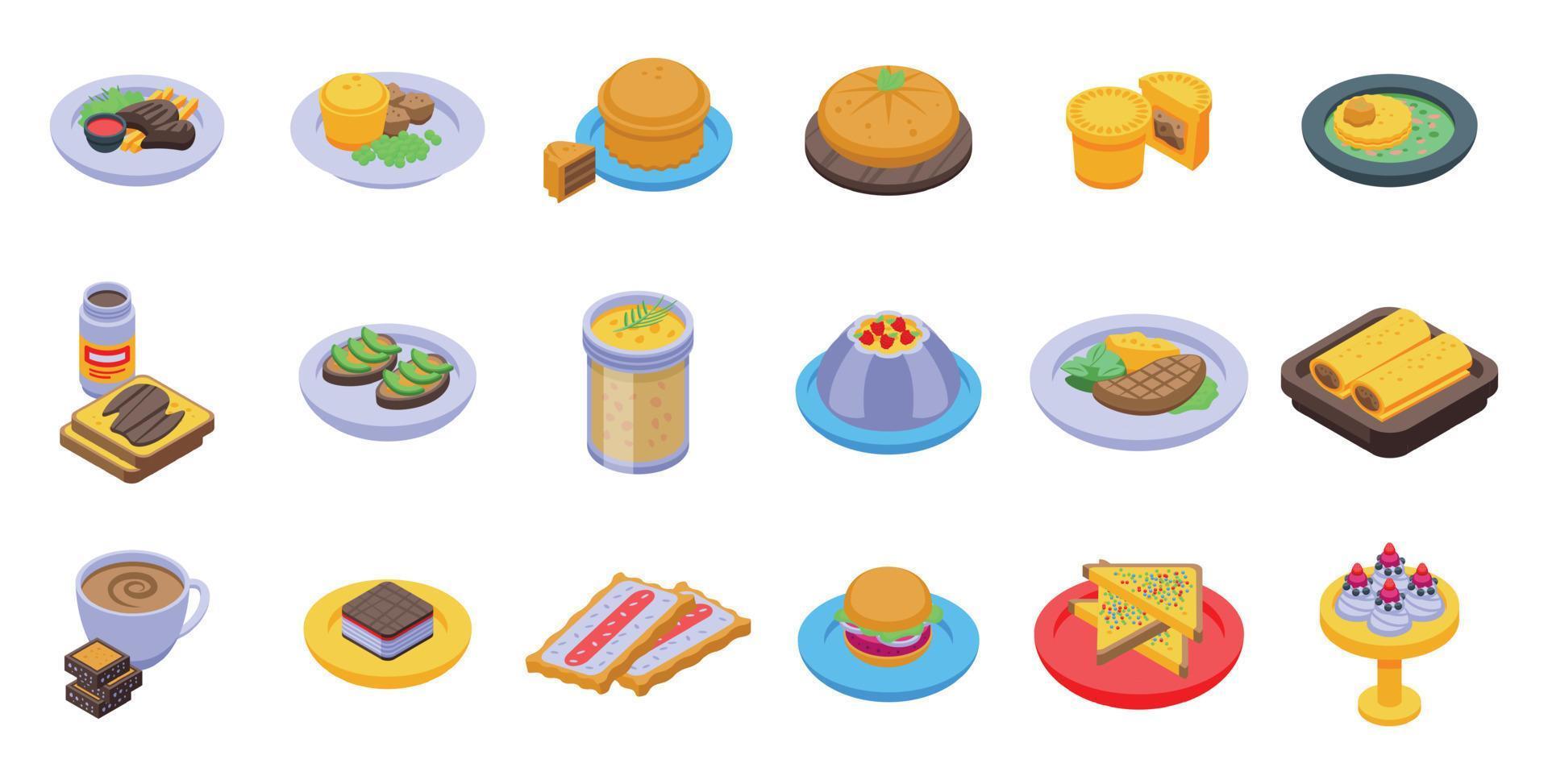 Australian cuisine icons set isometric vector. Cake dish vector