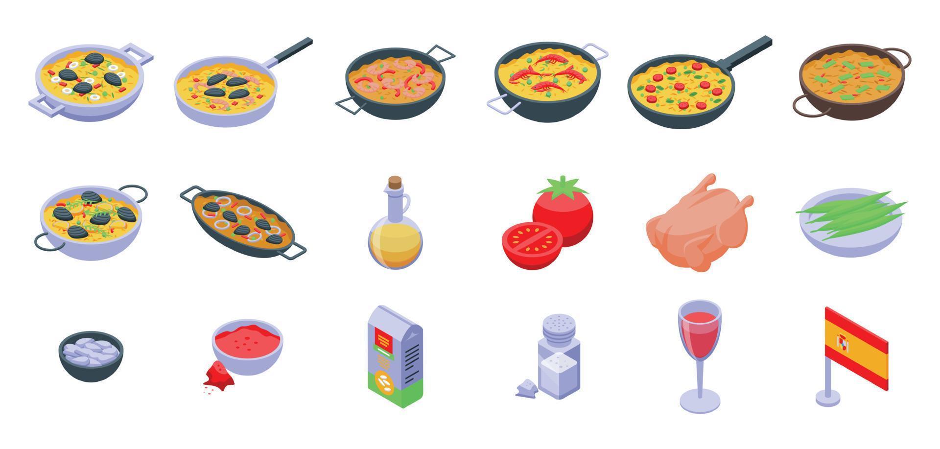 Paella icons set isometric vector. Dish cook vector