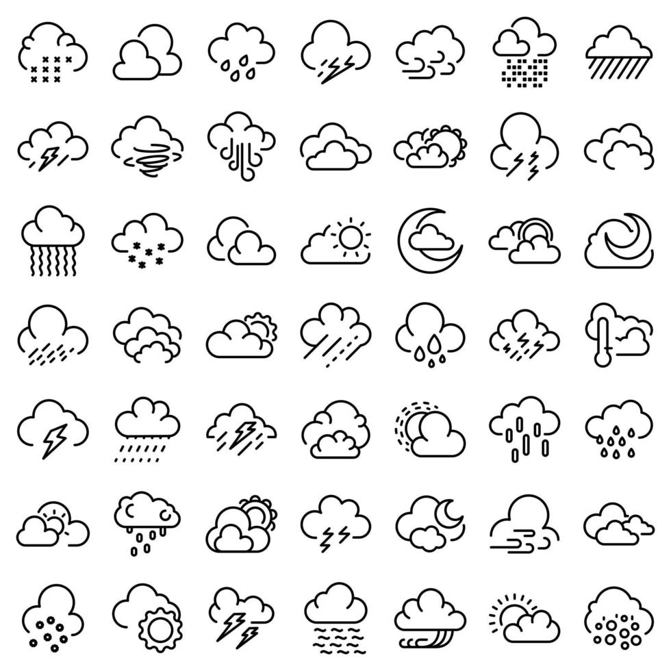 Cloudy weather icons set, outline style vector