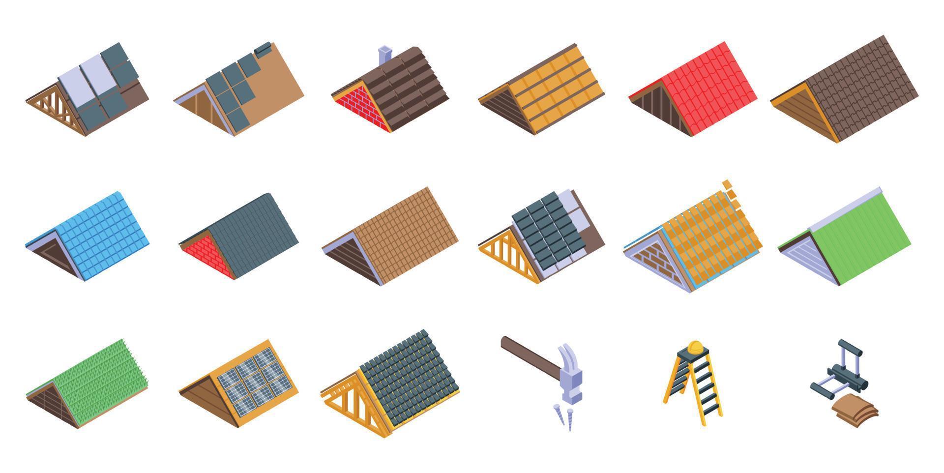 Install the roof icons set isometric vector. Safety builder vector