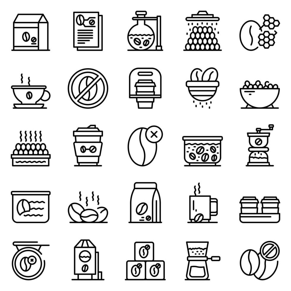 Decaffeinated coffee icons set, outline style vector