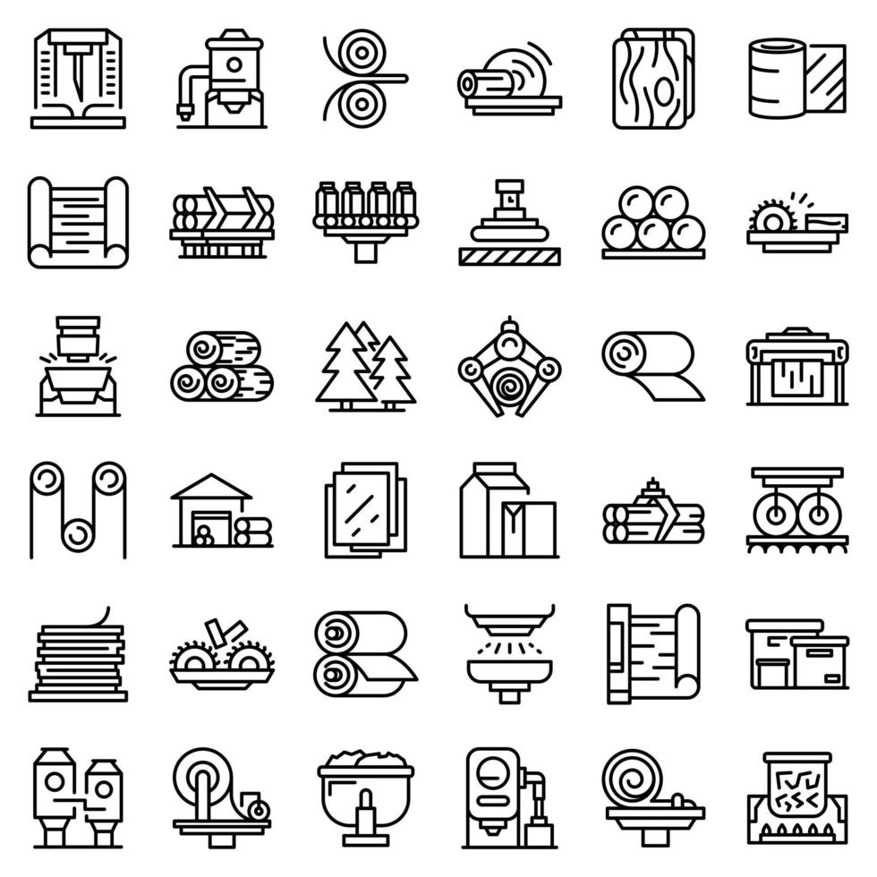 conjunto de iconos de producción de papel, estilo de esquema vector