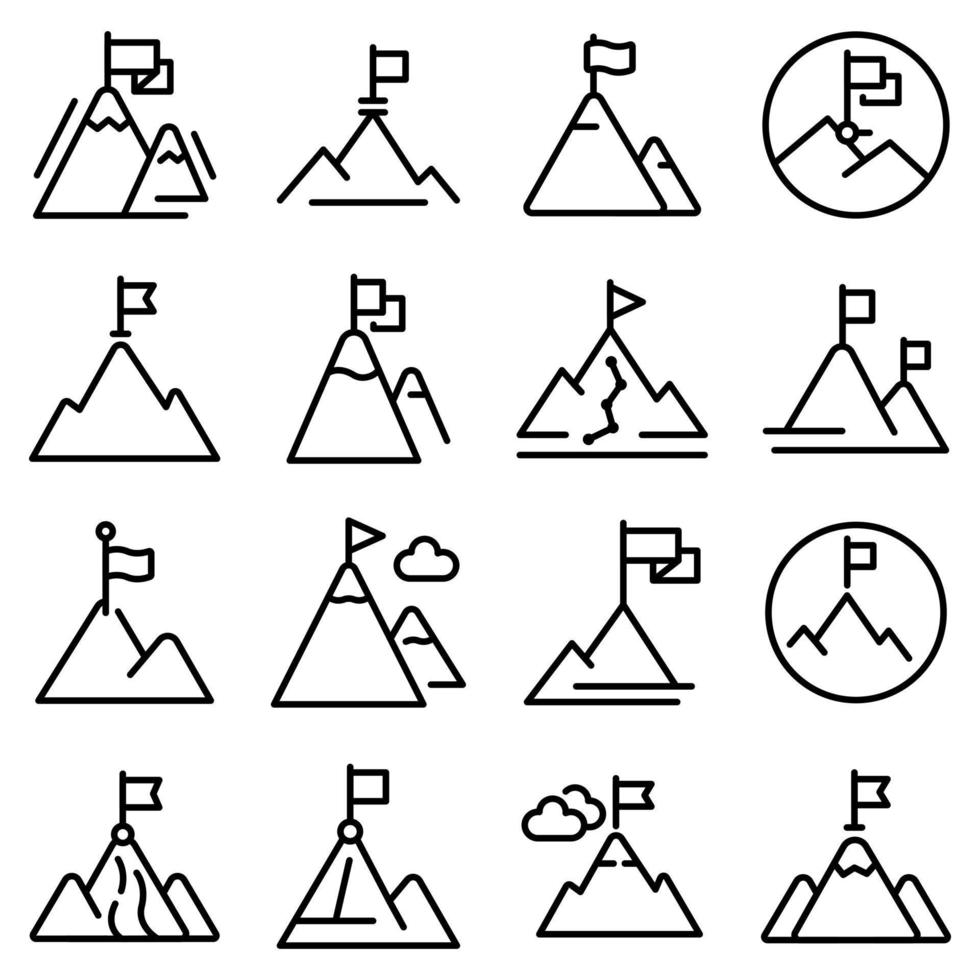 Flag on mountain icons set, outline style vector