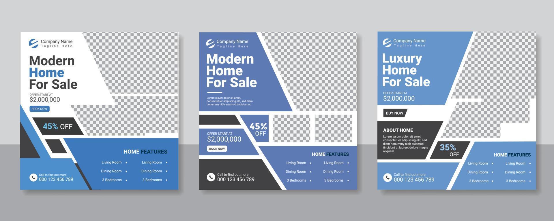 Real estate home sale social media post template, modern home sale social media design, square banner template or vector template design