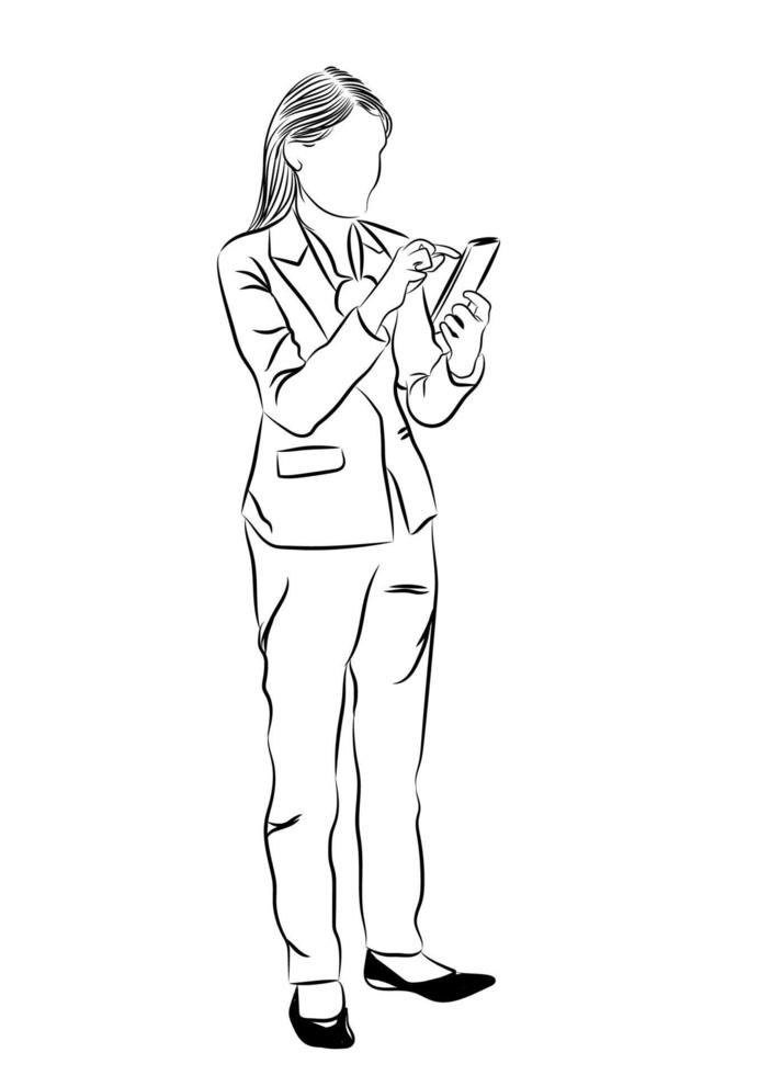 graphics outline business woman standing and use a Smart Phone, vector illustration