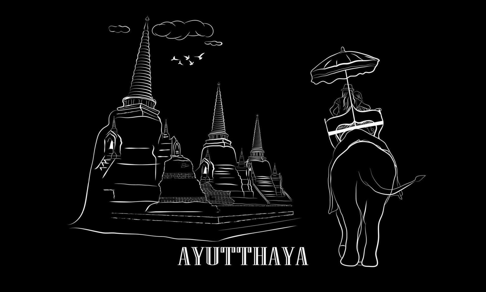 dibujo ilustración vectorial esquema antiguas pagodas y elefantes tailandia con texto ayutthaya vector
