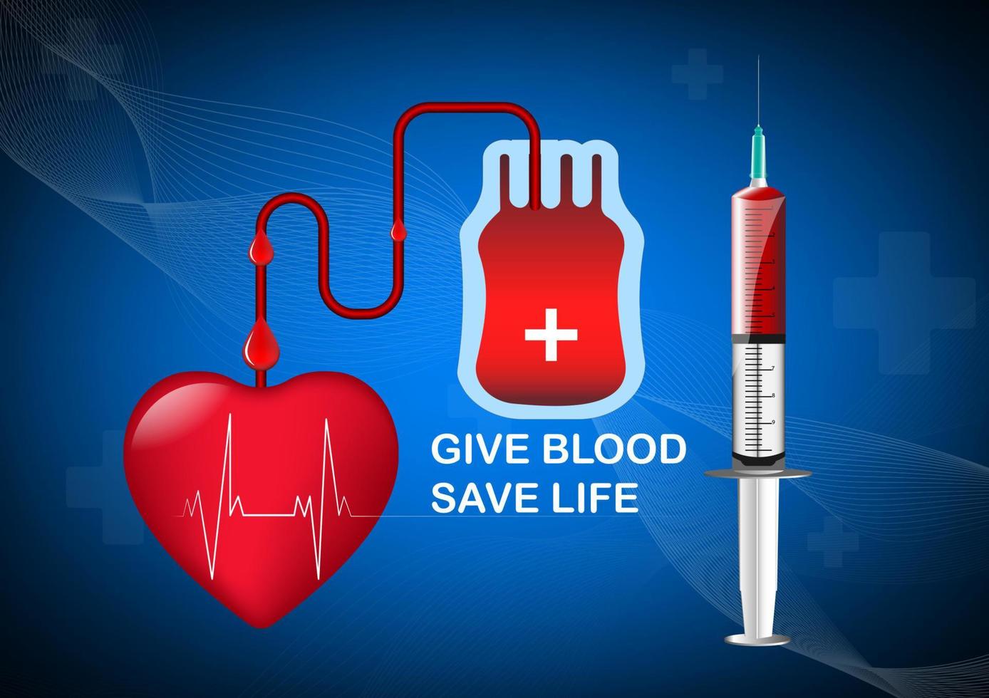 heart with blood bag and syringe concept GIVE BLOOD SAVE LIFE vector illustration