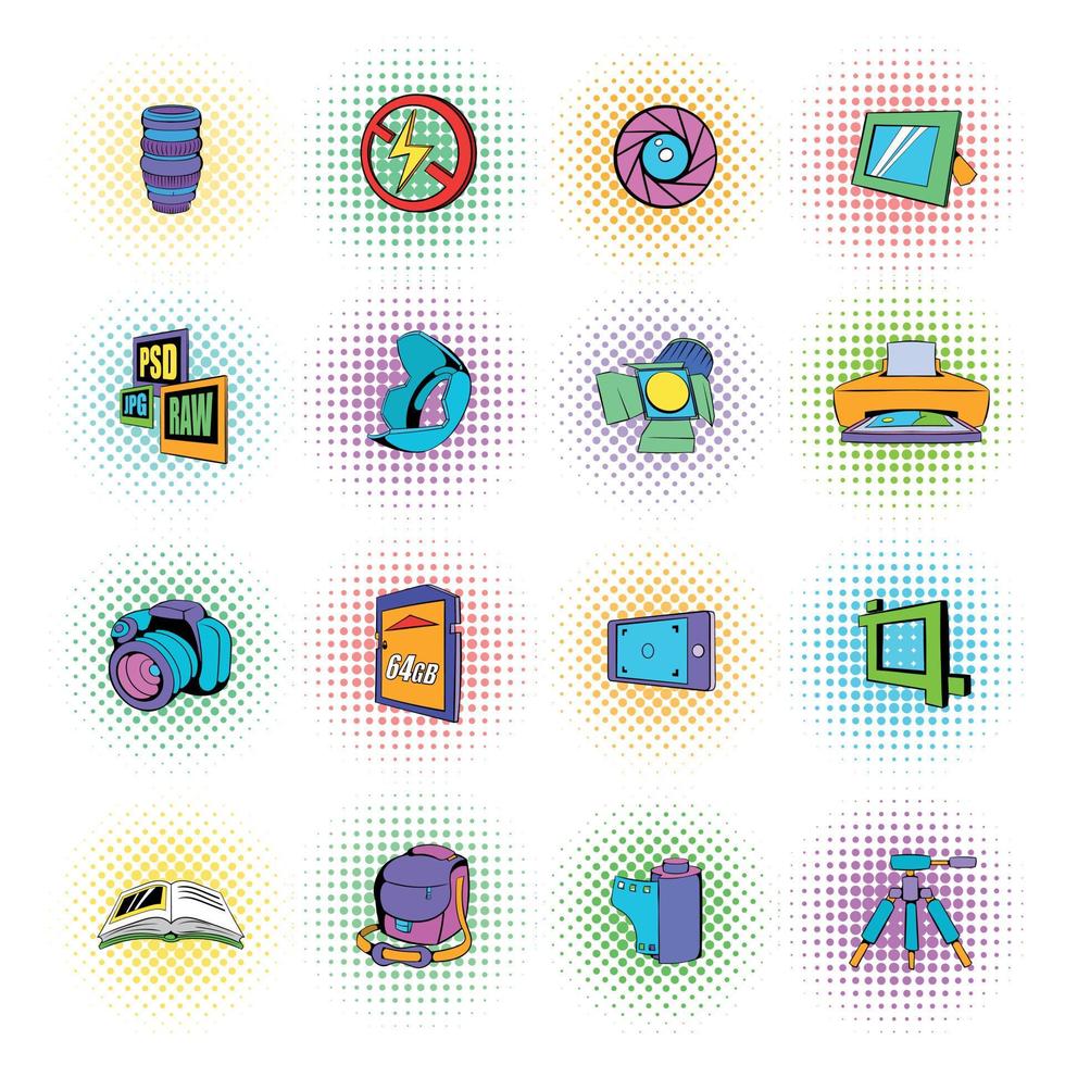 Photography set icons, pop-art style vector